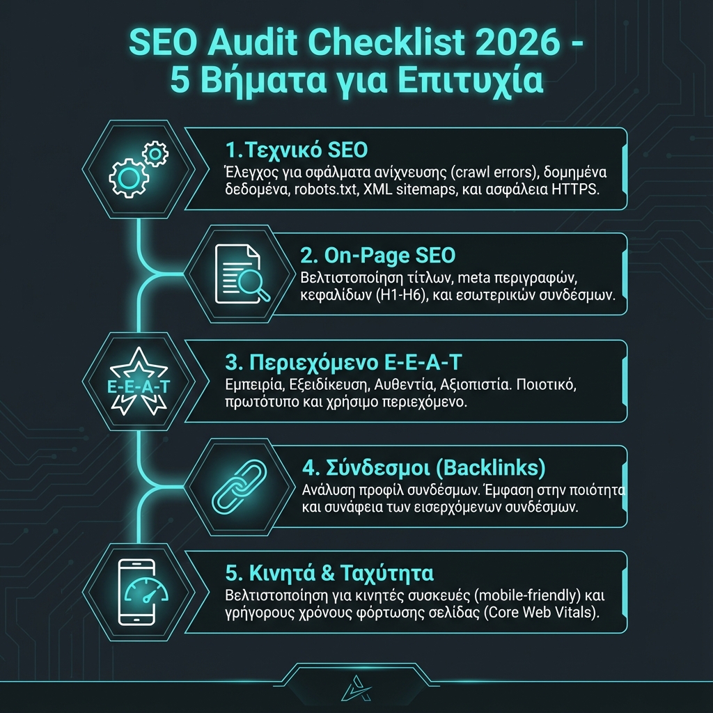 SEO Audit Checklist 2026 Infographic - 5 Βήματα για Επιτυχία
